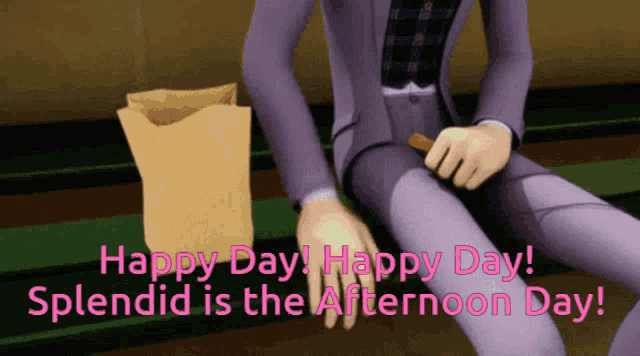 a cartoon of a man sitting on a bench with the words happy day happy day splendid is the afternoon day written below him