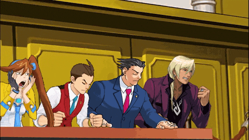 a group of cartoon characters including a man in a purple suit