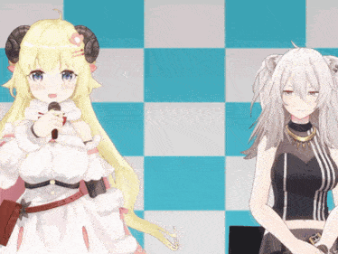 a girl with horns is holding a microphone while another girl stands behind her