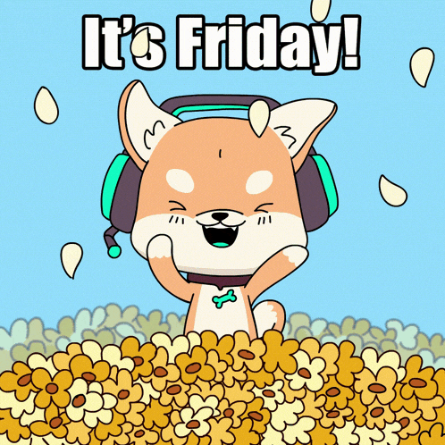a cartoon of a dog wearing headphones with the words it 's friday on the bottom
