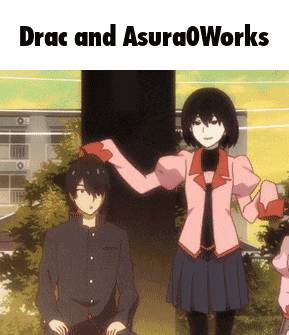 a couple of anime characters standing next to each other with the words drac and asura0works written above them