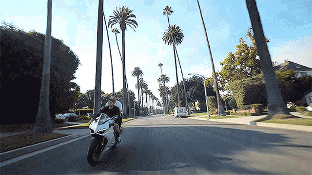 a man riding a motorcycle on a street with palm trees