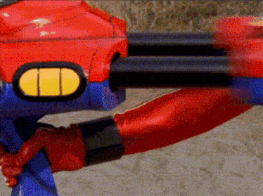 a red and blue toy gun with a yellow id on the side