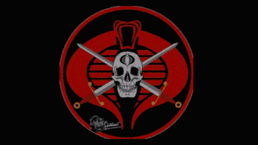 a skull and crossed swords in a red and black circle on a black background