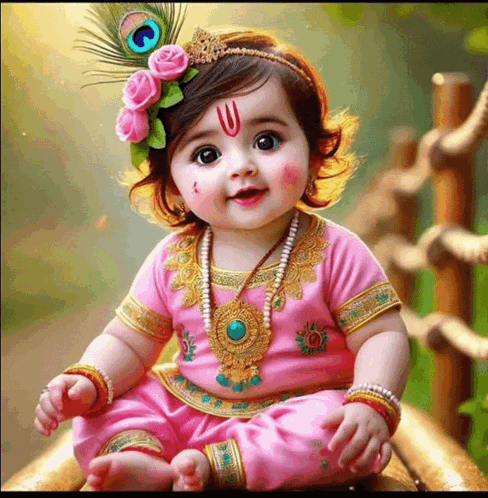 a baby dressed as a krishna with a peacock feather in his hair
