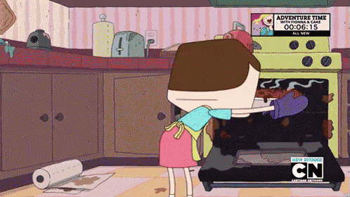 a cartoon of a woman in a kitchen with a sign that says " adventure time with fiona & cake "