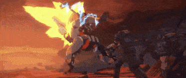 a robot is fighting a group of people in a video game while holding a hammer .