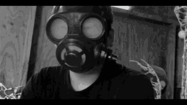 a man wearing a gas mask is looking at the camera