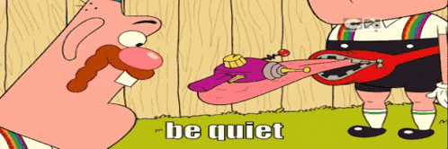 a cartoon character says be quiet while holding a purple toy