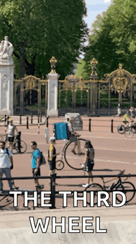 a poster for the third wheel shows a group of people walking and riding bikes