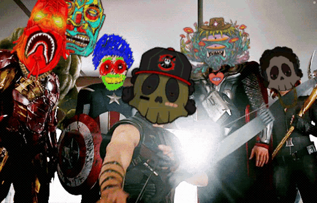 a group of cartoon characters are posing for a picture and one has a skull on his hat
