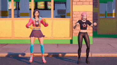 two girls are dancing in front of a restaurant