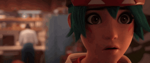 a close up of a cartoon character with green hair and red eyes