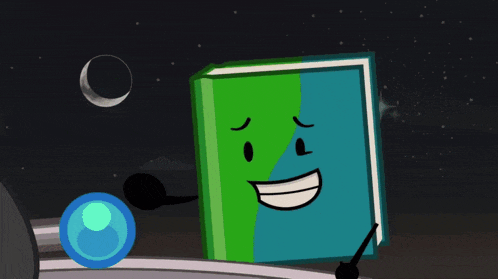 a cartoon drawing of a green and blue block with a cannon on it