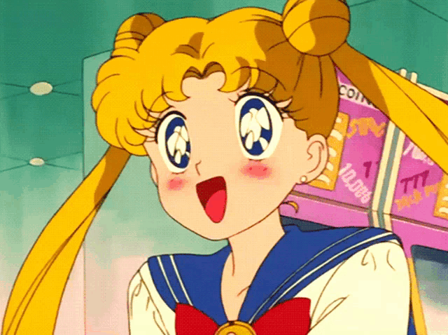 a girl in a sailor suit stands in front of a display of coins