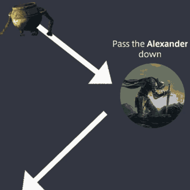 a poster that says pass the alexander down with a picture of a knight holding a sword