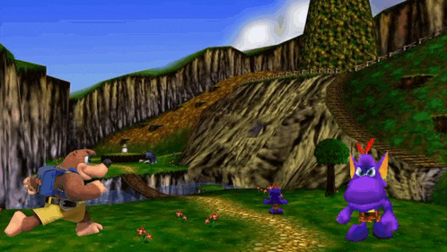 a video game scene with a bear and a purple hippo