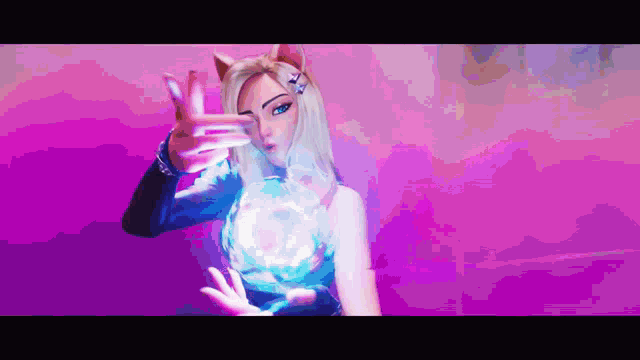 a pixel art of a girl with a cat ear making a peace sign .