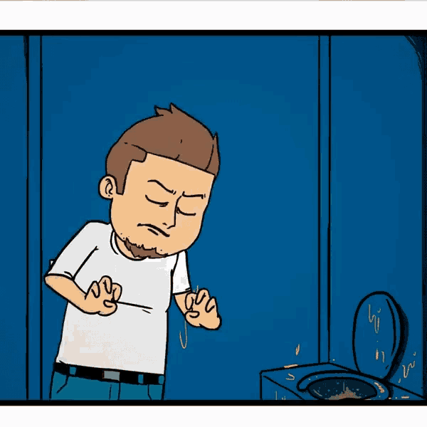 a cartoon of a man standing in front of a toilet with a blue background