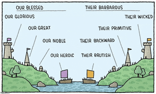 a cartoon shows a battle between our blessed and their barbarous kingdoms