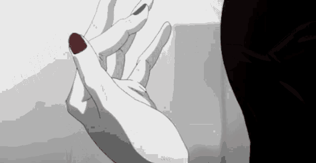 a black and white drawing of a person 's hand with a black nail polish .