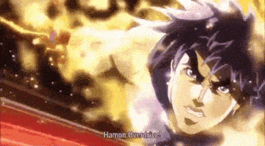 a close up of a cartoon character with the words hamon overdrive written on the bottom .