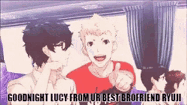 a group of anime characters are sitting on a bus and one of them is giving a thumbs up