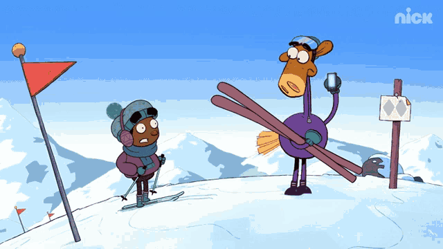 a cartoon of a horse holding skis standing next to a person on skis