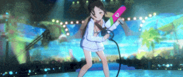 a girl in a white shirt is holding a pink object with a s on it