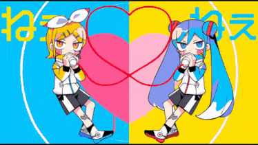 two anime girls are standing next to each other with a heart in the middle
