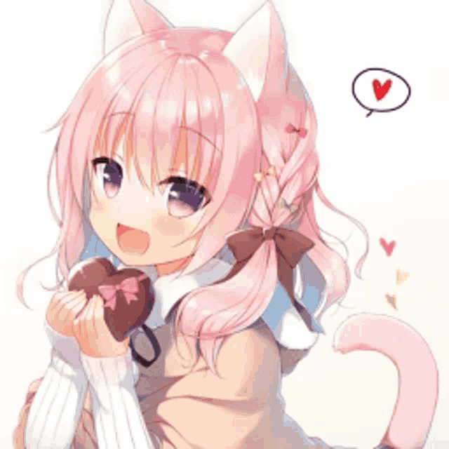 a girl with pink hair and cat ears holding a heart shaped chocolate