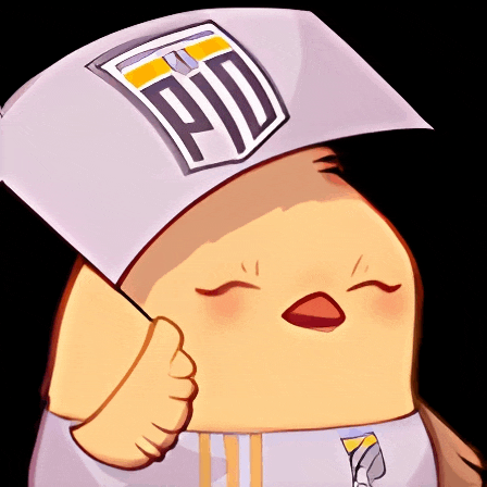 a drawing of a chicken wearing a hat with the letter pd on it