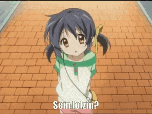 a little girl is standing on a brick sidewalk with the words sem lolzin below her