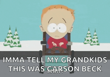 a cartoon character is sitting in a wheelchair and saying `` mma tell my grandkids this was carson beck ''