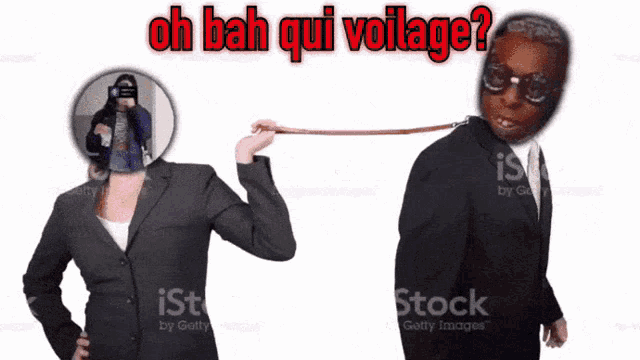 a woman in a suit is holding a man on a leash with the words oh bah qui voilage