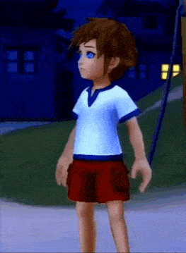 a cartoon character wearing a white shirt and red shorts is standing in front of a house .
