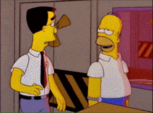 homer simpson talking to a man in a white shirt