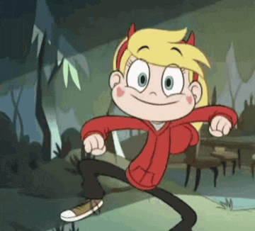 a cartoon character from star vs the forces of evil is wearing a red hoodie and black pants .