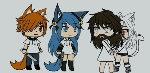 a group of anime characters are standing next to each other including one with a gun