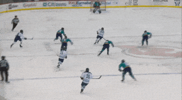 a hockey game is being played on a rink with advertisements for rwj barnabas prudential and elf