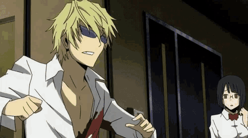 a man and a woman are standing next to each other in an anime scene .