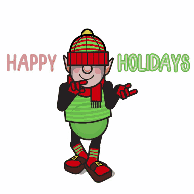 a cartoon elf giving a thumbs up with the words happy holidays below him
