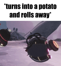 a picture of a robot that says " turns into a potato and rolls away * "