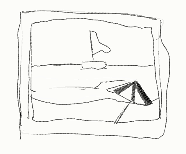 a black and white drawing of a beach scene with a sailboat and an umbrella