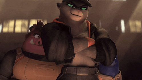 a couple of cartoon characters standing next to each other with arms crossed