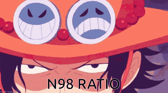 a cartoon character wearing a hat and goggles with the words n98 ratio below it