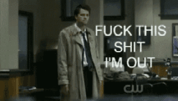 a man in a trench coat says fuck this shit i 'm out in an office