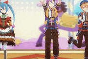 a group of anime characters are standing next to each other on a stage and dancing .
