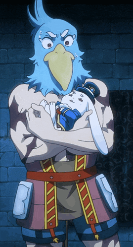 a man with a bird head is holding a rabbit in his arms
