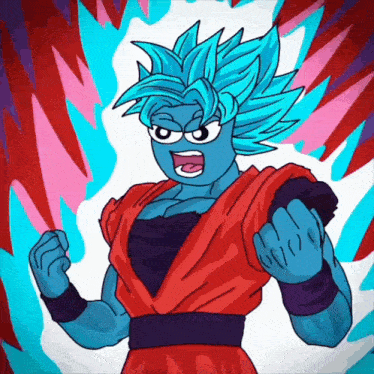 a cartoon of a person with blue hair and a red and blue background